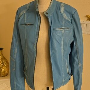 Stylish Sky Blue Leather Jacket for Women